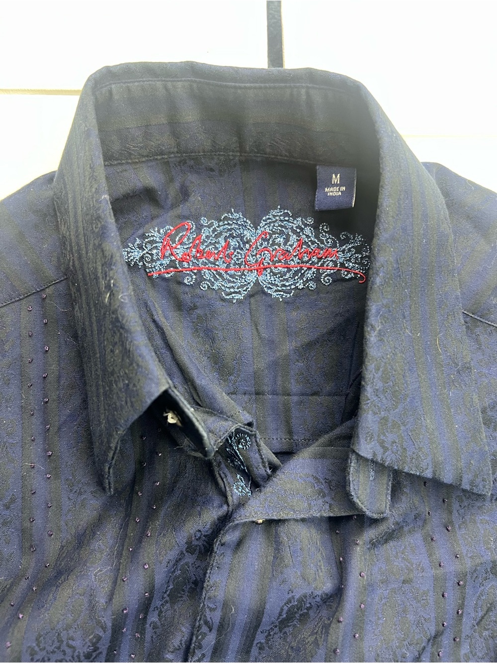 Robert Graham Navy Blue Patterned Button-Up Shirt with Red Logo